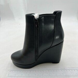 Black Wedge Side Zipper Platform Wooden Thick Sole Slip On High Heel Ankle Boot
